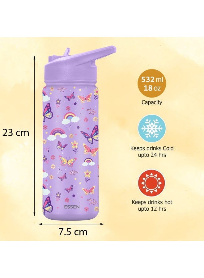 ESSEN Kids Water Bottle Stainless Steel for School Girls with Straw Vacuum Insulated Water Bottle BPA-Free Leak-Proof Baby Toddler Water Bottle Double Walled Bottle for Kids – 532 ml/18 oz(Butterfly) - Image 2