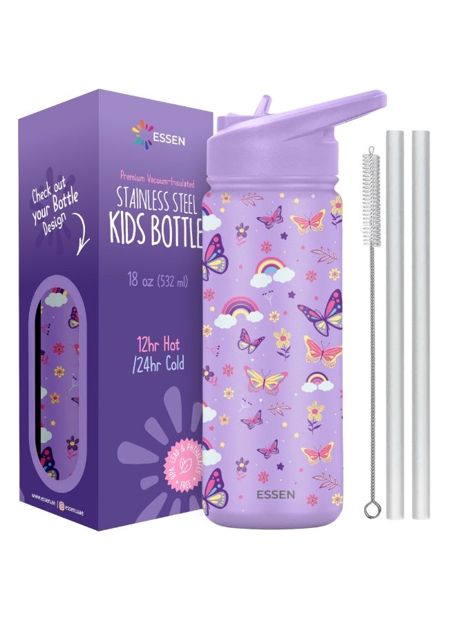 ESSEN Kids Water Bottle Stainless Steel for School Girls with Straw Vacuum Insulated Water Bottle BPA-Free Leak-Proof Baby Toddler Water Bottle Double Walled Bottle for Kids – 532 ml/18 oz(Butterfly) - Image 1