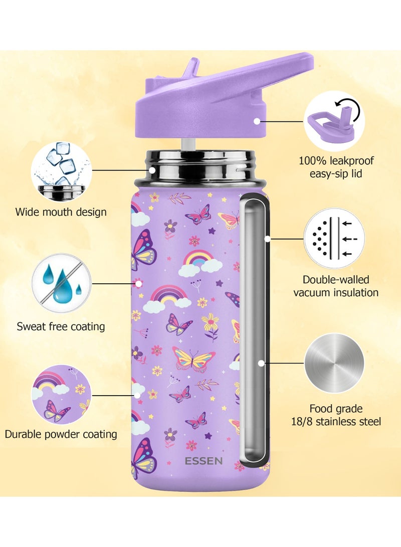ESSEN Kids Water Bottle Stainless Steel for School Girls with Straw Vacuum Insulated Water Bottle BPA-Free Leak-Proof Baby Toddler Water Bottle Double Walled Bottle for Kids – 532 ml/18 oz(Butterfly) - Image 4