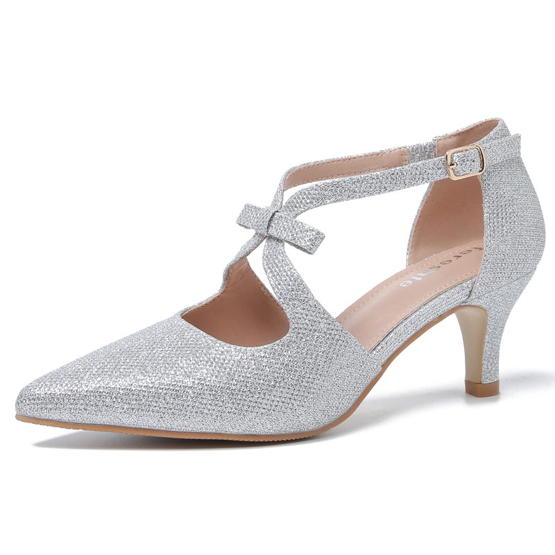fereshte Women's Kitten Heels T Strap 2 Inch Low Heel Bow Pointed Toe D'Orsay Dressy Pumps Sparkly Silver 39 - US 7.5 - Image 1
