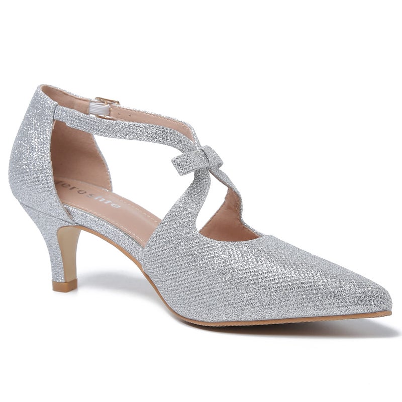 fereshte Women's Kitten Heels T Strap 2 Inch Low Heel Bow Pointed Toe D'Orsay Dressy Pumps Sparkly Silver 39 - US 7.5 - Image 5