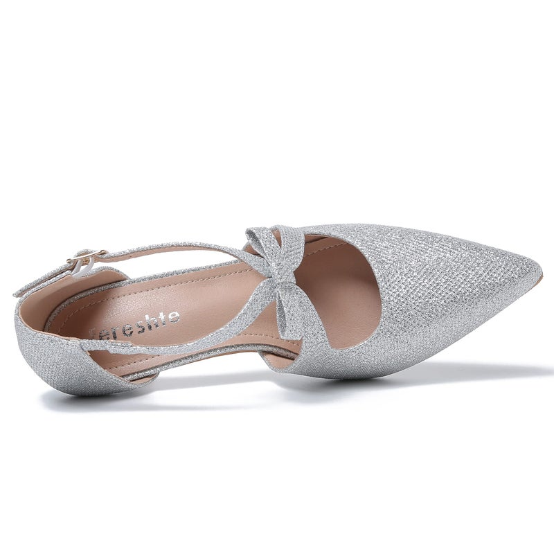fereshte Women's Kitten Heels T Strap 2 Inch Low Heel Bow Pointed Toe D'Orsay Dressy Pumps Sparkly Silver 39 - US 7.5 - Image 4
