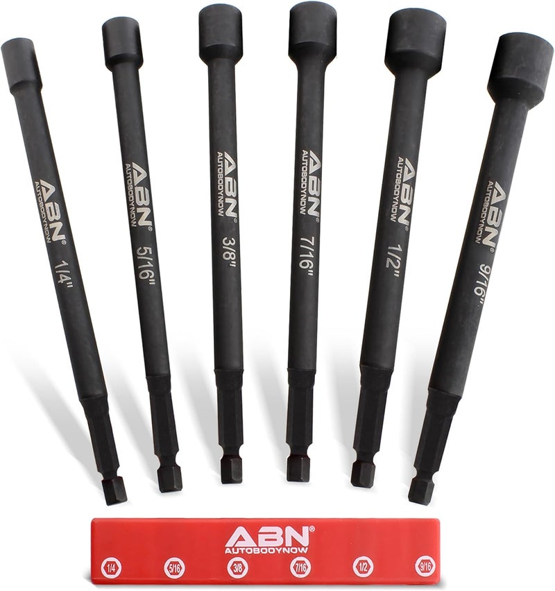 ABN Impact Nut Driver Tool Set - 6pc SAE 6 IN Long Shank Nut Driver Bits Magnetic Tip Sockets, 1/4 IN Hex Shank - Image 1