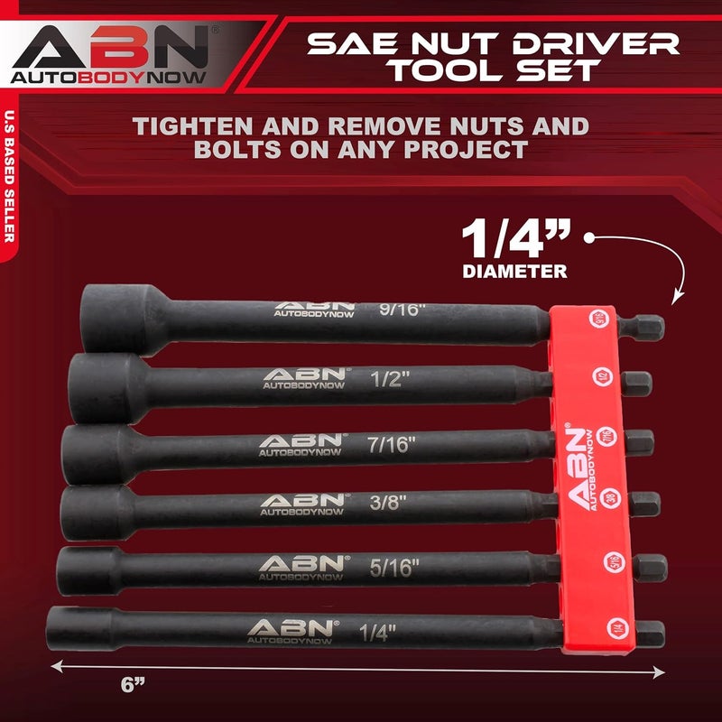 ABN Impact Nut Driver Tool Set - 6pc SAE 6 IN Long Shank Nut Driver Bits Magnetic Tip Sockets, 1/4 IN Hex Shank - Image 2
