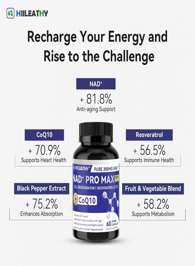 HIILEATHY NAD+ Supplement for Men and Women with Resveratrol and CoQ10 Promotes Cell Regeneration and Anti-Aging American-Made NAD+, 60 Capsules - Image 2