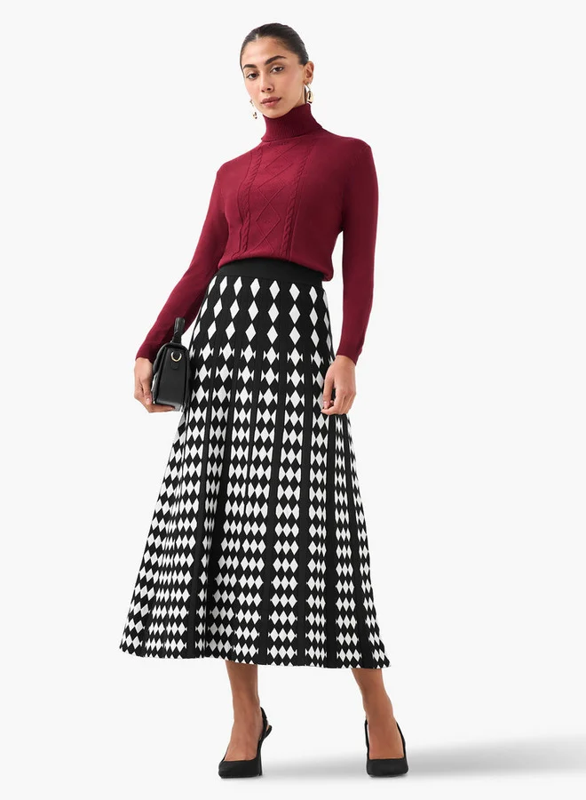 2Xtremz 2Xtremz Midi Viscose Blend A-line Skirt with Geometric Texture