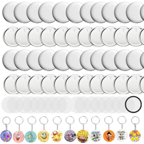 Rntfunre Button Maker Keychains Supplies, 200 Pcs 58mm Pin Maker Set, Metal Button Maker Supplies with Metal Shell Cover, Transparent Film & Chain Head - Image 1