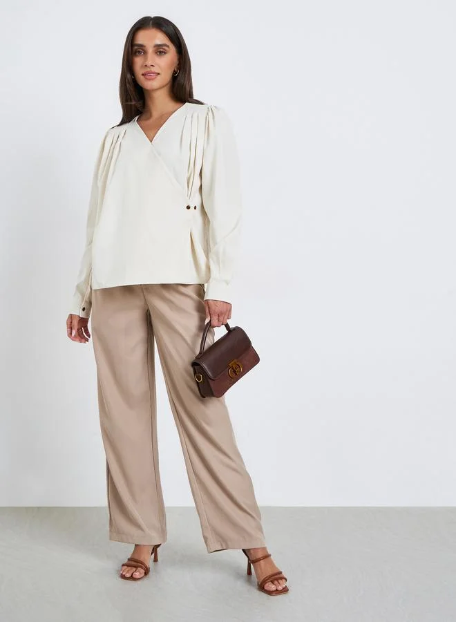 Styli Women Beige Pleated Wrap Top