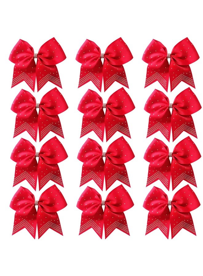 Hipcheer 12PCS 8" Rhinestones Large Cheer Hair Bows for Girls, Hand-made Grosgrain Ribbon Hair Accessories for Teen Girls Softball Cheerleader Sport (Red) - Image 1