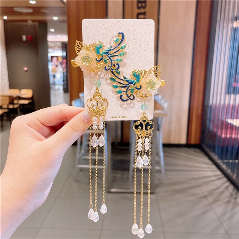 Generic New Childrens Antique Hair Accessories Flower Butterfly Antique Headwear Retro Tassel Streaming Belt Hanfu Hairpin Tang Clothing Accessories A13 Blue Phoenix (double)