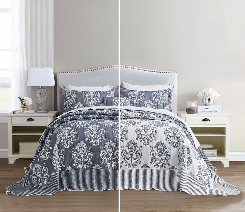 HZ  HY Oversized King Bedspread 128x120 Extra Wide Jacquard Matelasse Damask Pattern Design Lightweight Reversible 5 Piece 100 Microfiber Dark Blue