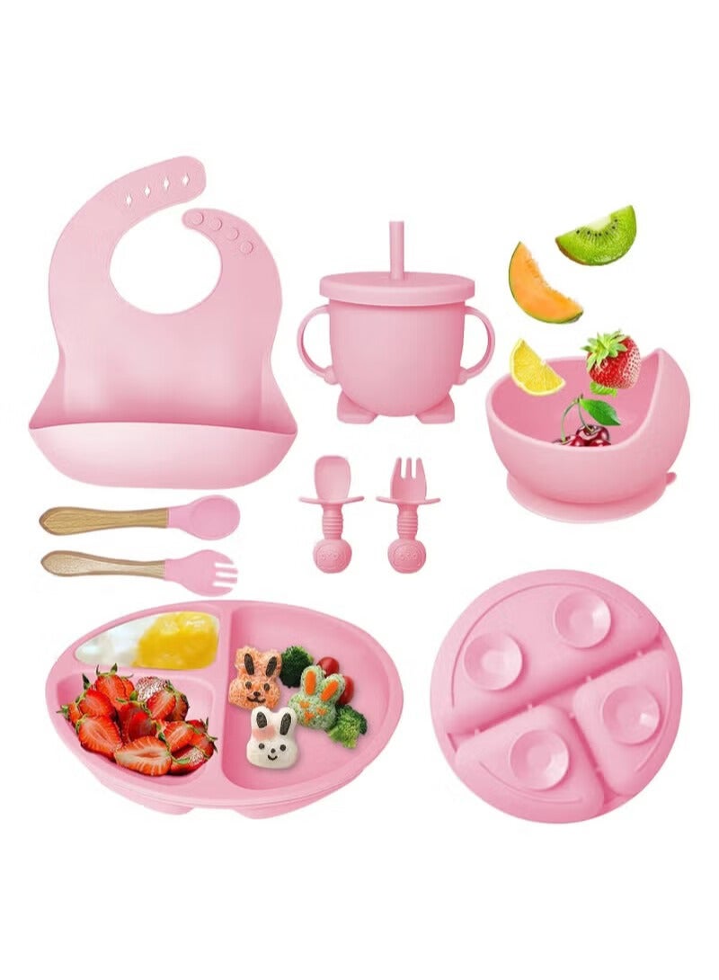 DPTER 8 Piece Silicone Baby Feeding Set, Baby Led Weaning Supplies, Baby Tableware Set with Suction Bowl, Divided Plate, Sippy Cup, Forks, Spoons, Adjustable Bib, BPA Free Toddler Feeding Utensils, Toddler Feeding Supplies, Pink - Image 1