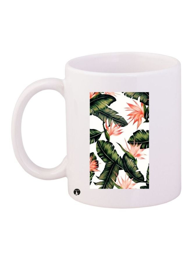 RYN Leaf Printed Coffee Mug White/Green/Pink 11ounce