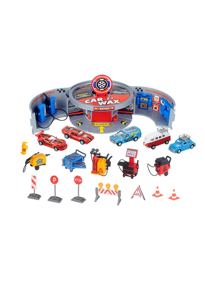Snapkid - SNAP KIDS Mini Service Station Play Set (Car Wax) – 5 PCS 1:64 Free Wheel Die-cast Vehicles | 15 PCS Accessories | Windows Box Packaging | Educational Car Wash Toy for Kids - Image 1