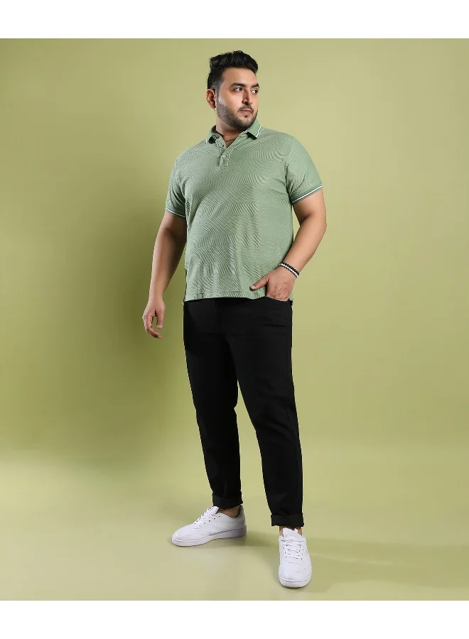 Instafab Plus Men's Olive Green Self-Design Horizontal Striped T-Shirt