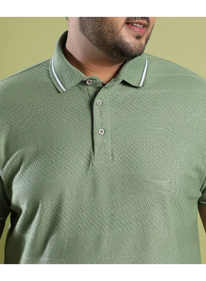 Instafab Plus Men's Olive Green Self-Design Horizontal Striped T-Shirt