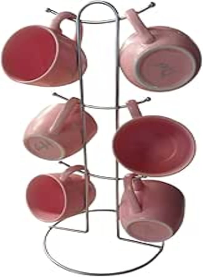 Mazaj Porcelain Mugs Set 6 Pcs (6 mags+stand) pink