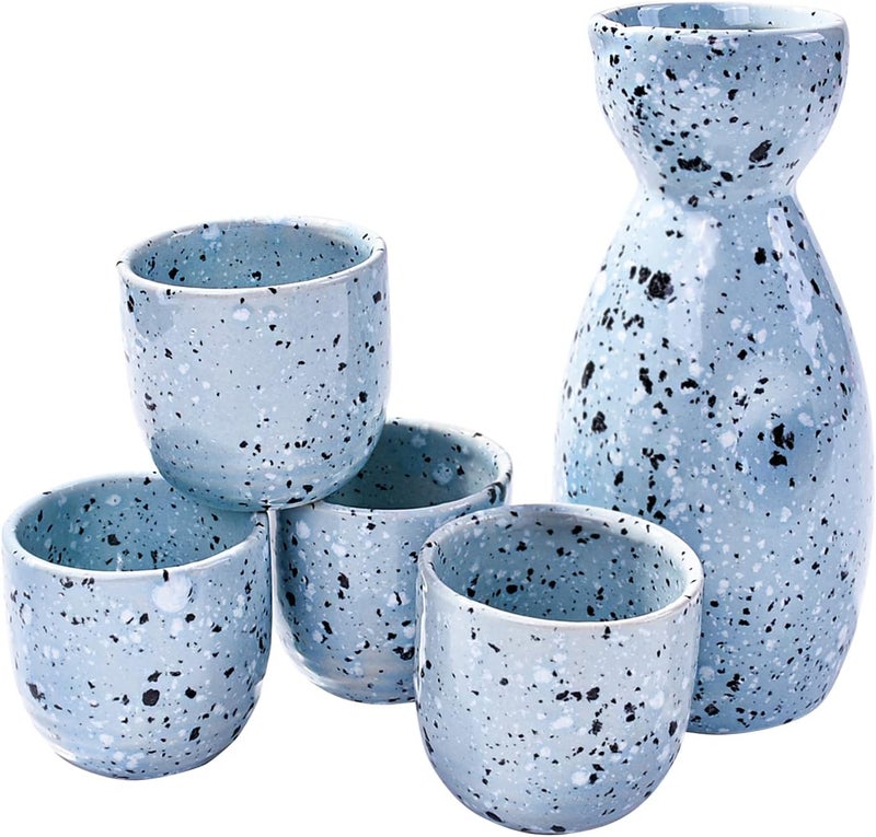 LMRLCS Japanese Sake Ceramic Set of 5 with 1 Sake Bottle and 4 Sake Cups for Sake and Wine Blue - Image 1