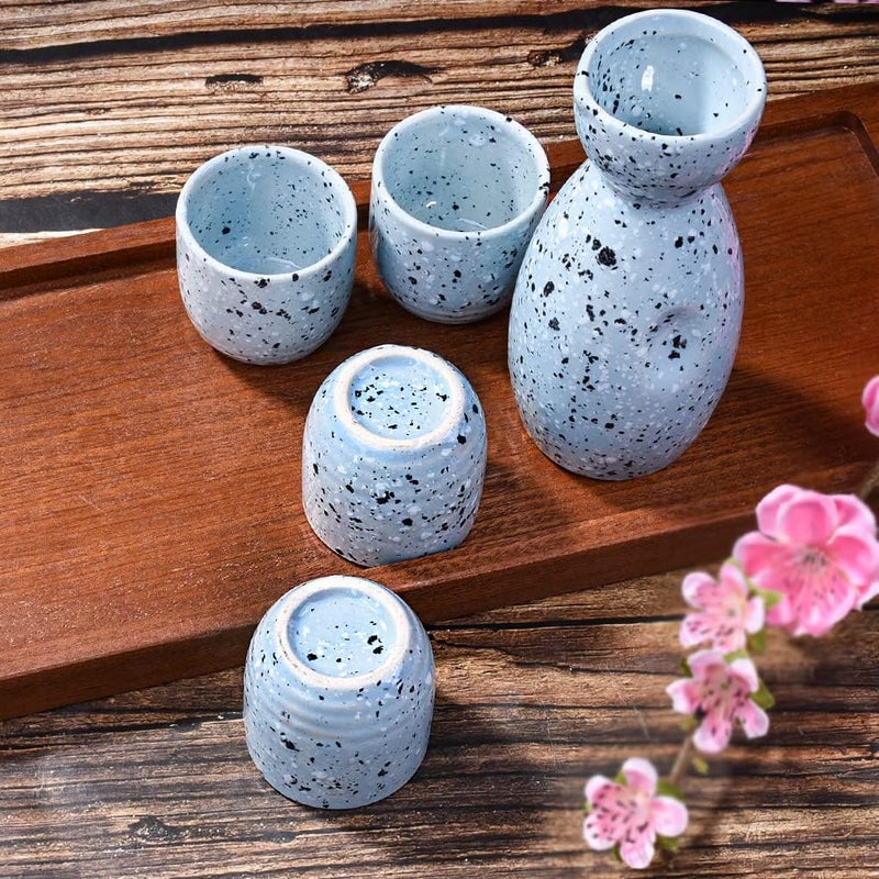 LMRLCS Japanese Sake Ceramic Set of 5 with 1 Sake Bottle and 4 Sake Cups for Sake and Wine Blue - Image 3