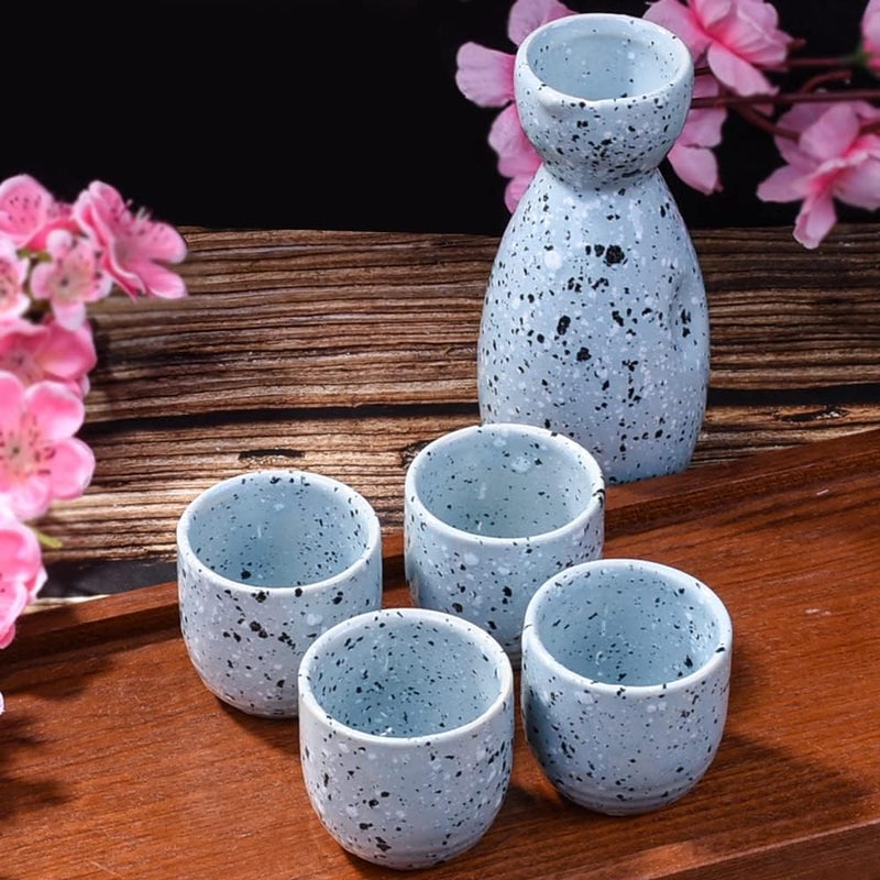 LMRLCS Japanese Sake Ceramic Set of 5 with 1 Sake Bottle and 4 Sake Cups for Sake and Wine Blue - Image 2