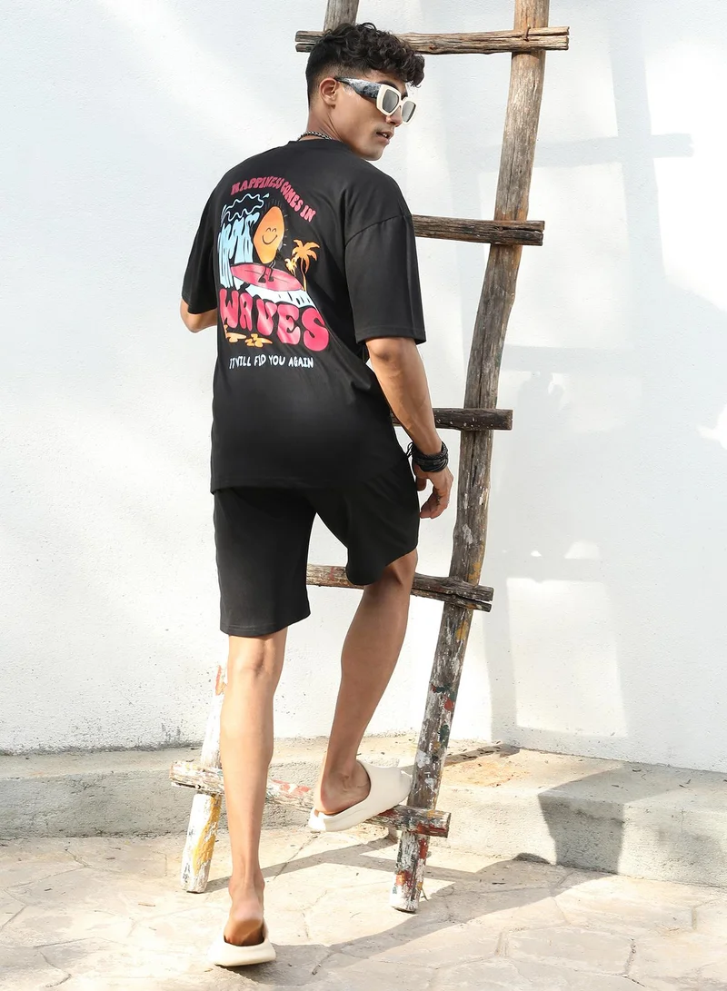 Campus Sutra Men's Black Relaxed Co-Ord Set With Graphic Print