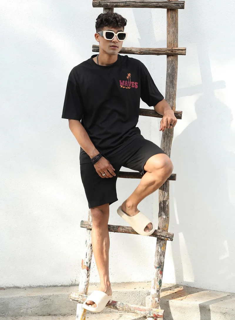 Campus Sutra Men's Black Relaxed Co-Ord Set With Graphic Print