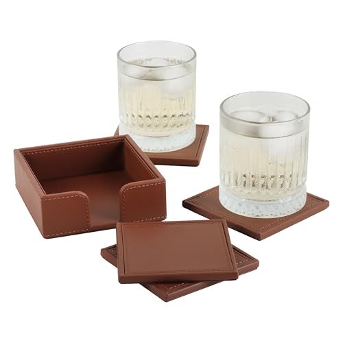 V-CUBE DESIGNS Premium Vegan Leather Coaster | Set of 4 Coasters with Holder for Dining Table, Office Desks for Tea Cups, Coffee Mugs, Glasses| Durable & Long Lasting | Decor Accessories | Tan - Image 4