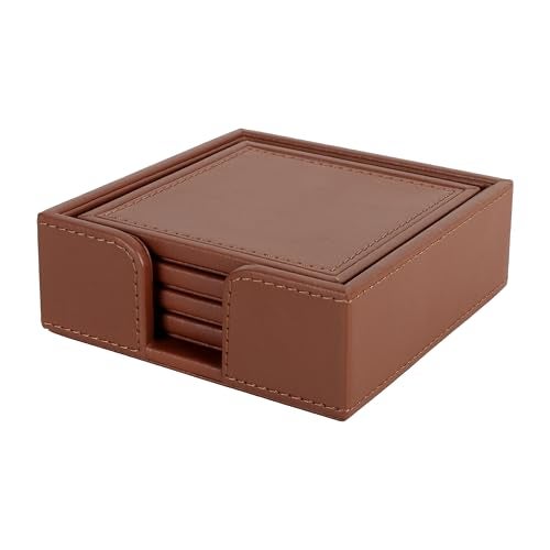 V-CUBE DESIGNS Premium Vegan Leather Coaster | Set of 4 Coasters with Holder for Dining Table, Office Desks for Tea Cups, Coffee Mugs, Glasses| Durable & Long Lasting | Decor Accessories | Tan - Image 1