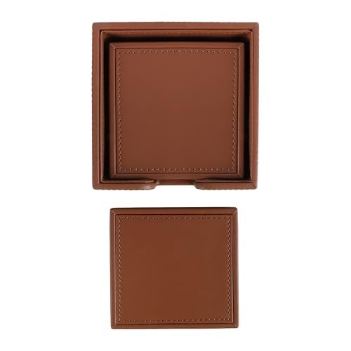 V-CUBE DESIGNS Premium Vegan Leather Coaster | Set of 4 Coasters with Holder for Dining Table, Office Desks for Tea Cups, Coffee Mugs, Glasses| Durable & Long Lasting | Decor Accessories | Tan - Image 5