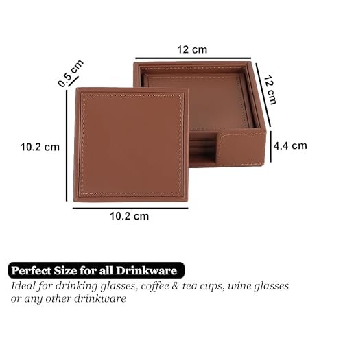 V-CUBE DESIGNS Premium Vegan Leather Coaster | Set of 4 Coasters with Holder for Dining Table, Office Desks for Tea Cups, Coffee Mugs, Glasses| Durable & Long Lasting | Decor Accessories | Tan - Image 2