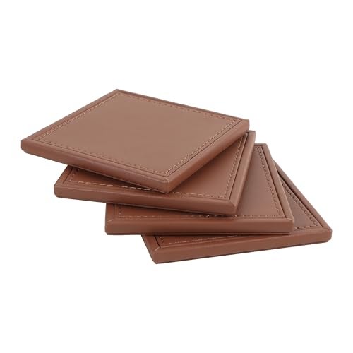 V-CUBE DESIGNS Premium Vegan Leather Coaster | Set of 4 Coasters with Holder for Dining Table, Office Desks for Tea Cups, Coffee Mugs, Glasses| Durable & Long Lasting | Decor Accessories | Tan - Image 3