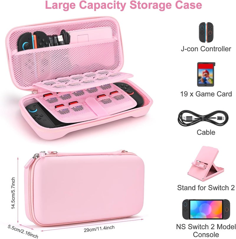 يونيك حقيبة Switch 2 المتوافقة مع NS Switch 2 (2025)، حقيبة حمل تحتوي على 19 فتحة لبطاقات اللعبة، ملحقات Switch 2 رباعية تشمل حزام الكتف، حزام المعصم وملصقات (وردي) - Image 2