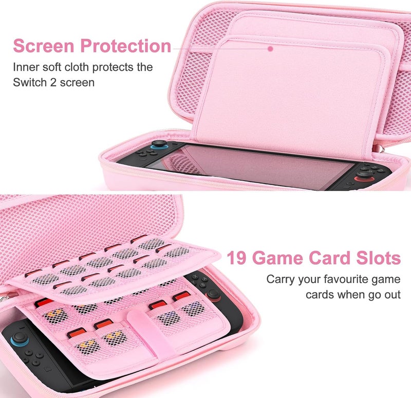 يونيك حقيبة Switch 2 المتوافقة مع NS Switch 2 (2025)، حقيبة حمل تحتوي على 19 فتحة لبطاقات اللعبة، ملحقات Switch 2 رباعية تشمل حزام الكتف، حزام المعصم وملصقات (وردي) - Image 3