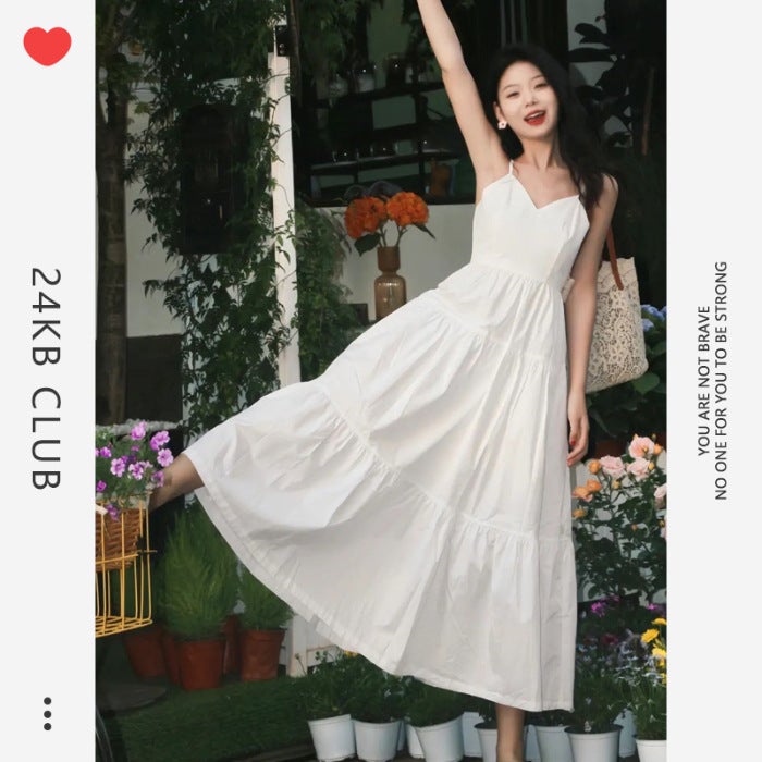 2024 Summer New French Style V-neck White Sling dress Womens Waist Design Niche Elegant Small Skirt White