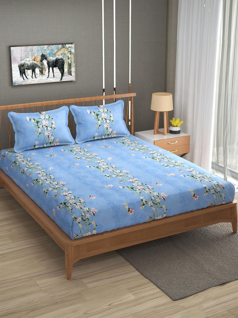Furnofy 140 GSM Elastic Fitted King Size & Double Bedsheet (78x72 inches with 6-8" Pocket) + 2 Pillow Covers – Floral Print – Soft Cotton – Blue - Image 2