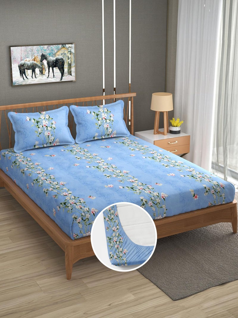 Furnofy 140 GSM Elastic Fitted King Size & Double Bedsheet (78x72 inches with 6-8" Pocket) + 2 Pillow Covers – Floral Print – Soft Cotton – Blue - Image 1