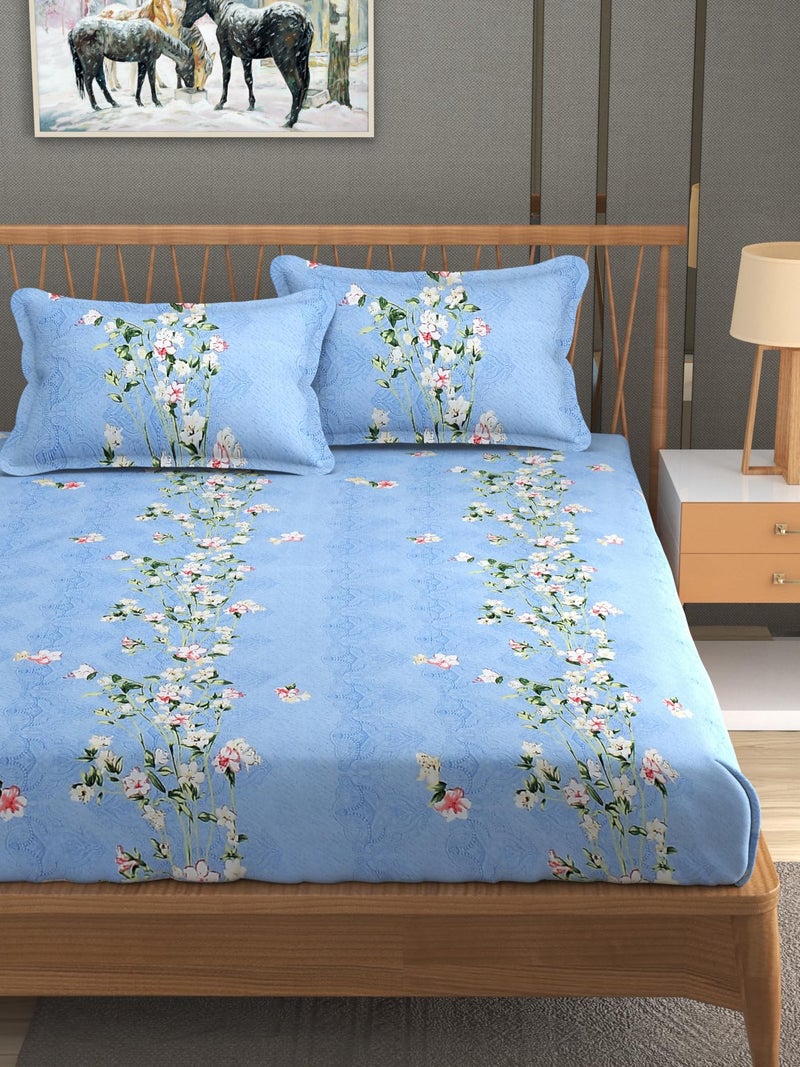 Furnofy 140 GSM Elastic Fitted King Size & Double Bedsheet (78x72 inches with 6-8" Pocket) + 2 Pillow Covers – Floral Print – Soft Cotton – Blue - Image 4