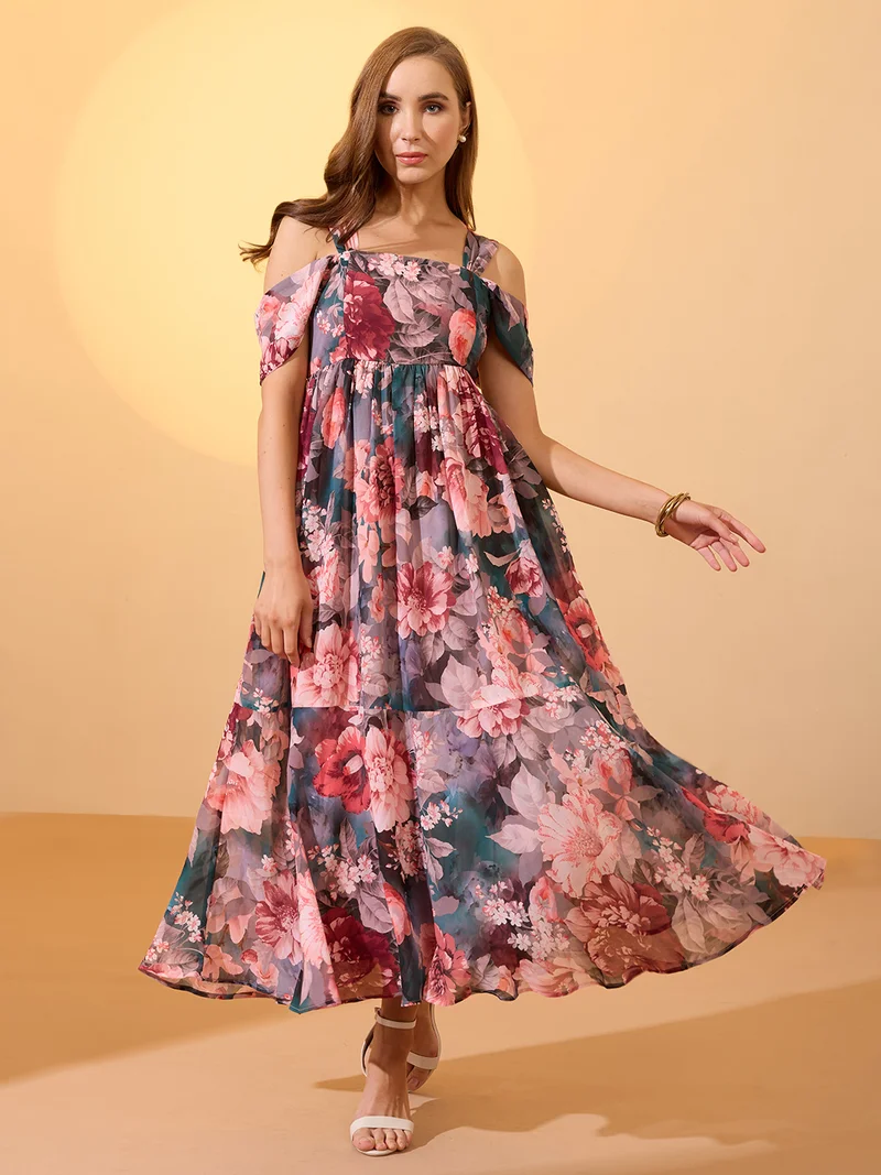 globus Women Multicolour Floral Printed Square Neck Cold Shoulder Sleeves Smocked Fit & Flare Maxi Dress