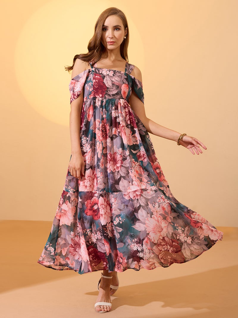 globus Globus Women Multicolour Floral Printed Square Neck Cold Shoulder Sleeves Smocked Fit & Flare Maxi Dress  - Image 1