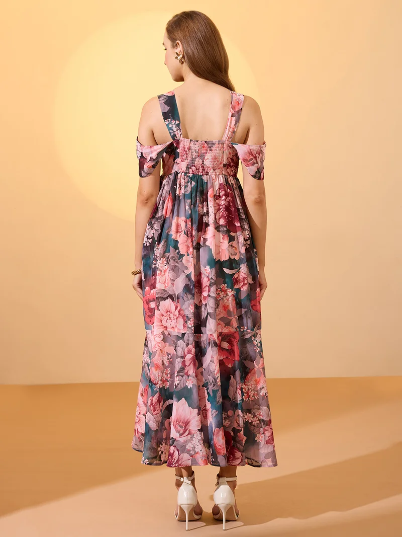 globus Globus Women Multicolour Floral Printed Square Neck Cold Shoulder Sleeves Smocked Fit & Flare Maxi Dress