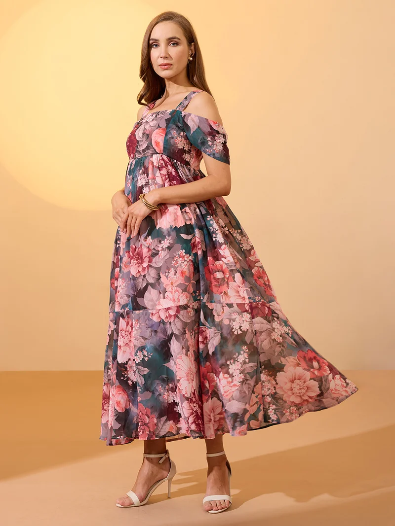 globus Globus Women Multicolour Floral Printed Square Neck Cold Shoulder Sleeves Smocked Fit & Flare Maxi Dress