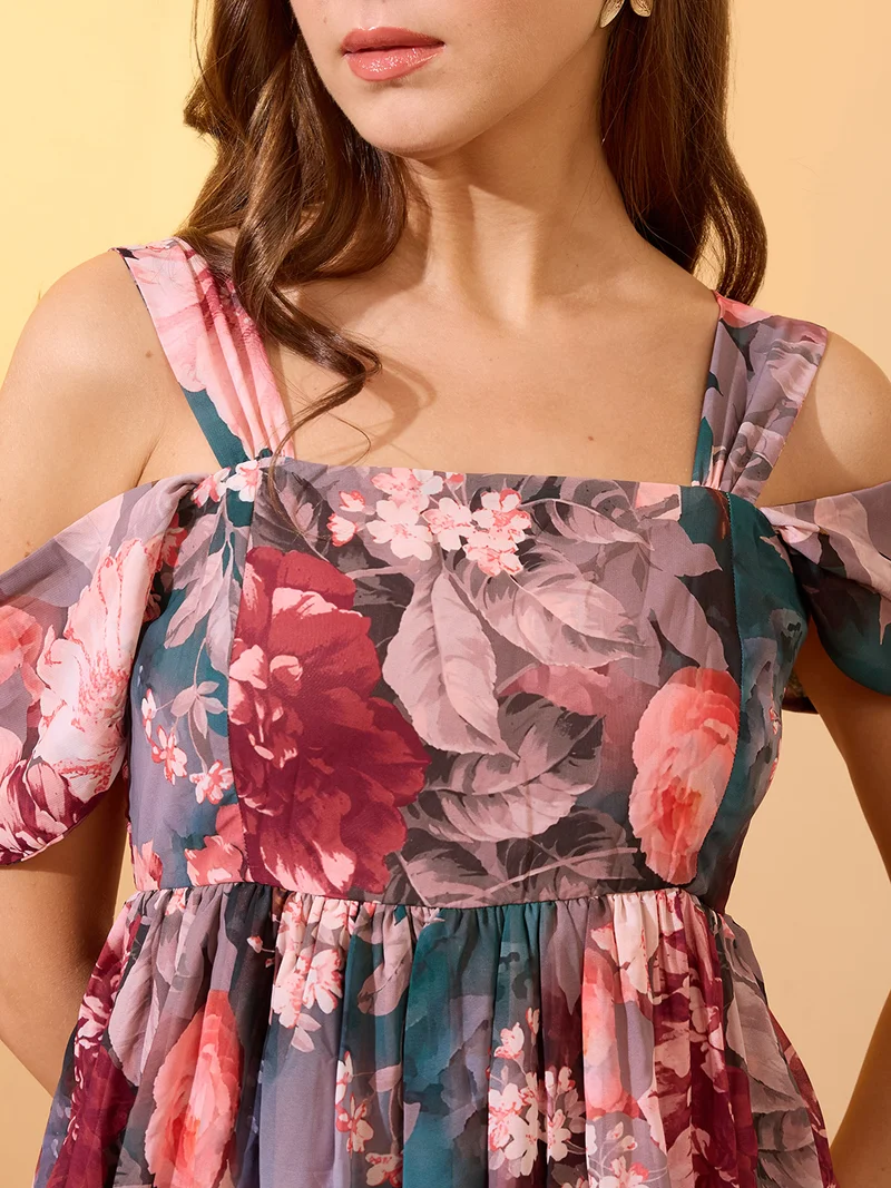 globus Globus Women Multicolour Floral Printed Square Neck Cold Shoulder Sleeves Smocked Fit & Flare Maxi Dress