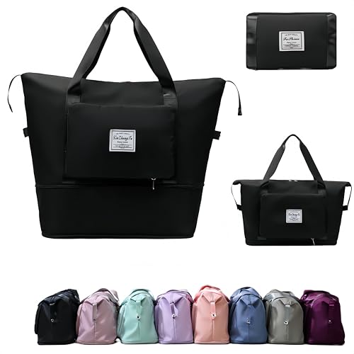 RichMoro Large Capacity Foldable Travel Bag, Expandable lightweight Carry on Bag, Dry with Wet Separation Spor Duffel Bags (Black) - Image 1