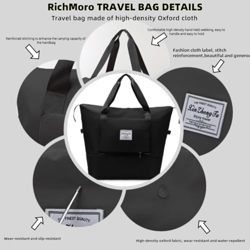 RichMoro Large Capacity Foldable Travel Bag, Expandable lightweight Carry on Bag, Dry with Wet Separation Spor Duffel Bags (Black) - Image 5