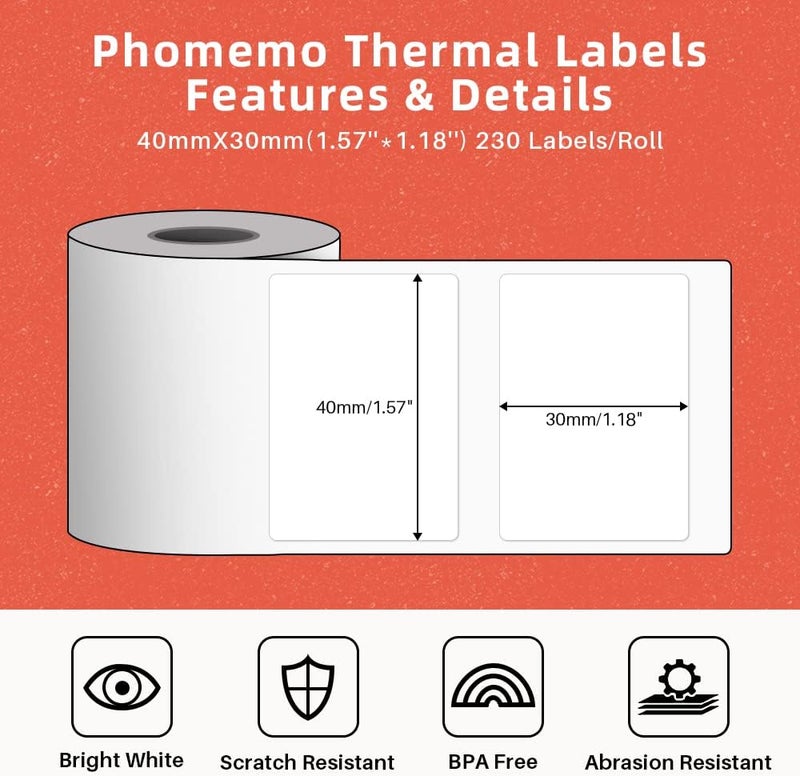 phomemo 3 Rolls M120/M110/M200/M220/241Bt Thermal Paper 1.57'' X 1.18''(40X30Mm), Multipurpose Barcode/Fnsku/Fba Labels, 230Labels/Roll, Black On White - Image 2