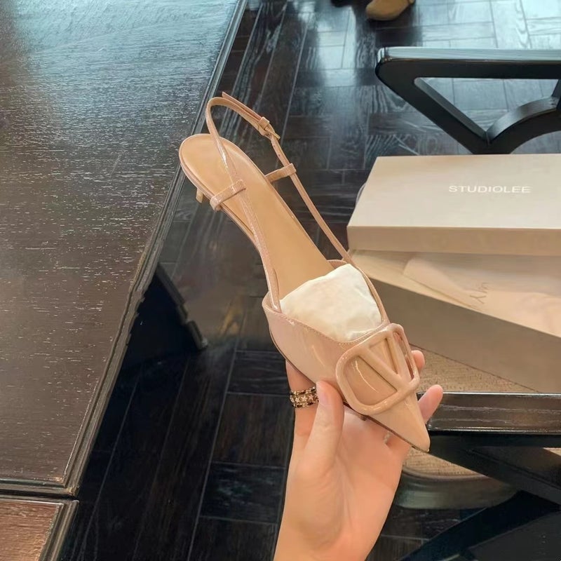 ~ Baotou V-Buckle Nude Chop Men'S Temperament Pointed High Heels Summer Women'S Patent Leather Rear Empty Stiletto Sandals Women - Image 1