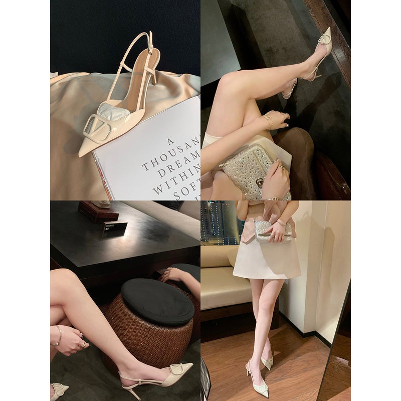 ~ Baotou V-Buckle Nude Chop Men'S Temperament Pointed High Heels Summer Women'S Patent Leather Rear Empty Stiletto Sandals Women - Image 3