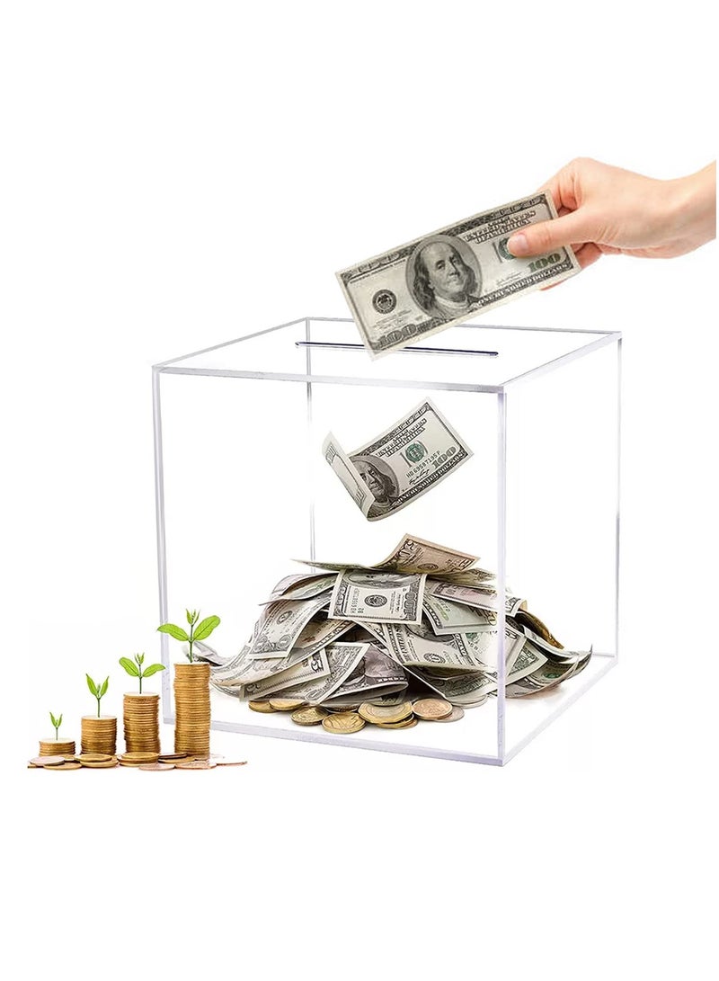 حصالة نقود أكريليك شفافة للبالغين والأطفال، صندوق توفير عملات غير قابل الفتح، وعاء نقدي شفاف 7''× 7''× 7'' - Image 1