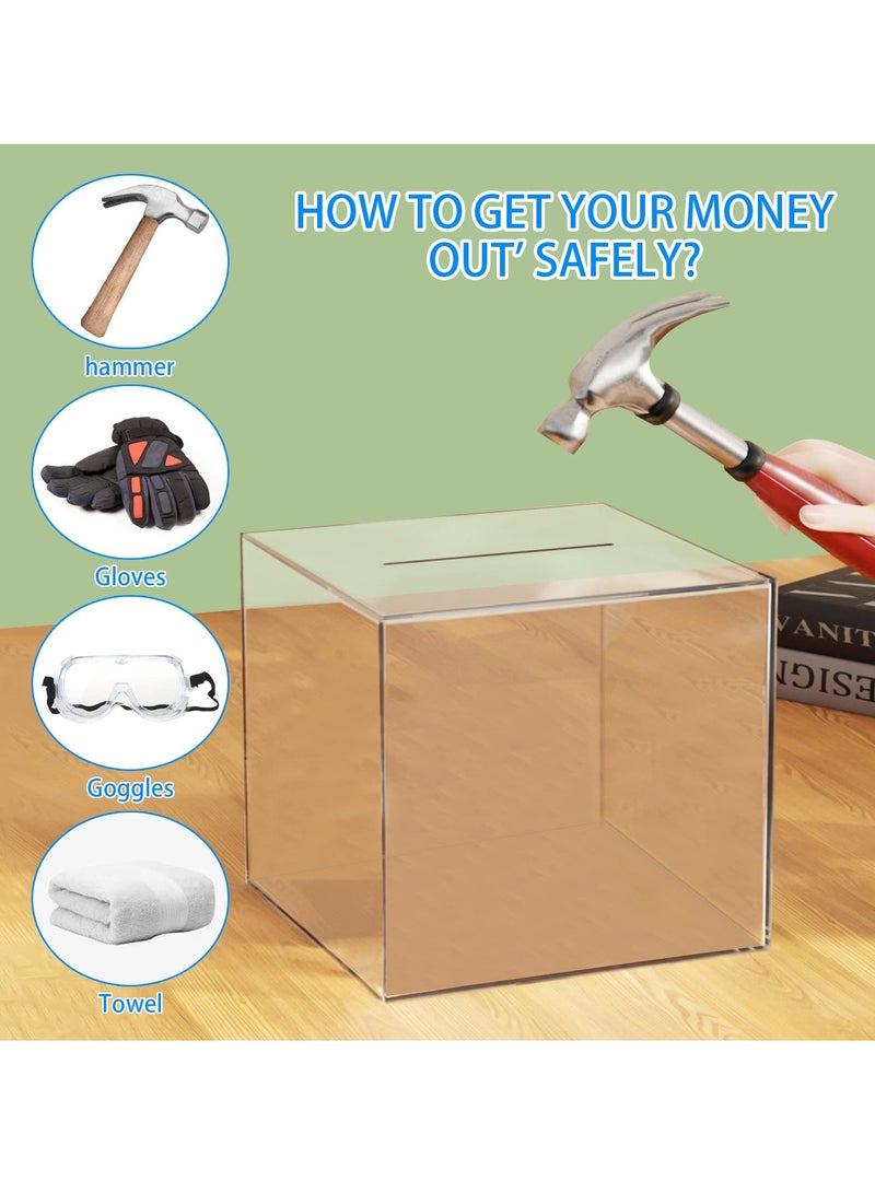 حصالة نقود أكريليك شفافة للبالغين والأطفال، صندوق توفير عملات غير قابل الفتح، وعاء نقدي شفاف 7''× 7''× 7'' - Image 2