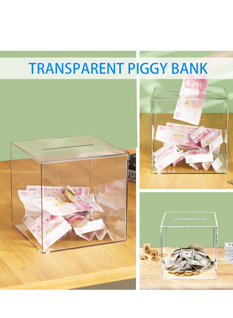 حصالة نقود أكريليك شفافة للبالغين والأطفال، صندوق توفير عملات غير قابل الفتح، وعاء نقدي شفاف 7''× 7''× 7'' - Image 4